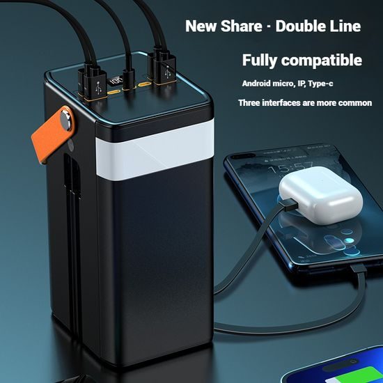Power Bank 120.000 mAh, 22.5W PD, 4 USB + 2 καλώδια, LED φώτα, λευκό