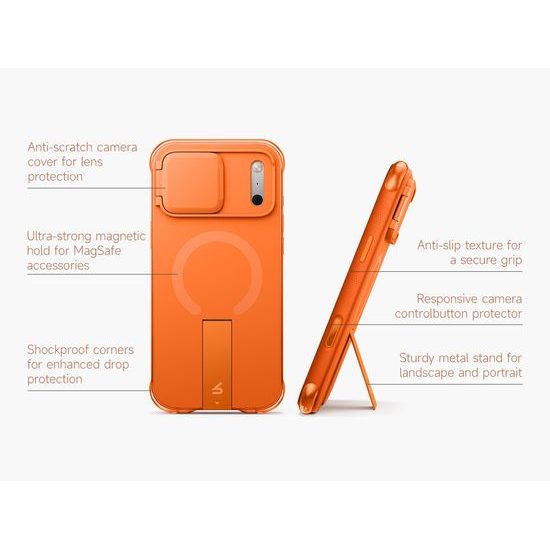 Husă Suritch AirBounce Bumper MagSafe cu Suport și Protecție Cameră, iPhone 17 Pro Max / 18 Pro Max, portocaliu
