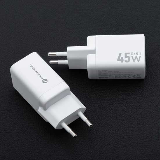 Forcell F-Energy προσαρμογέας Mini GaN III, 2x USB-C, PD, QC4.0, 45W, λευκός