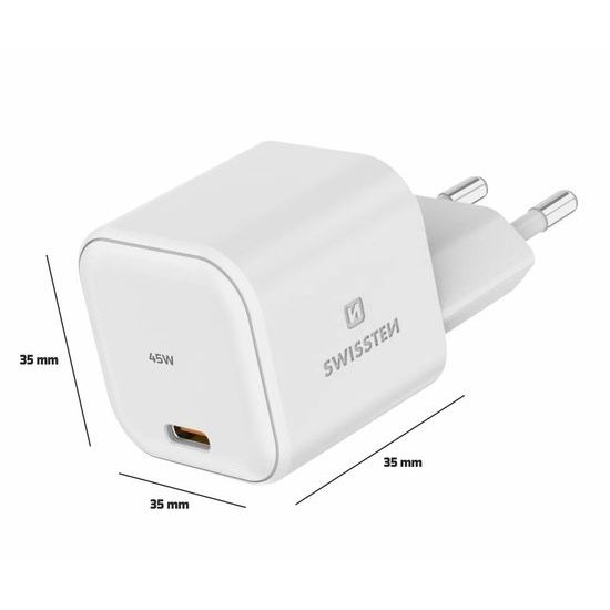 Swissten sieťový adaptér GaN 1x USB-C 45W, Power Delivery, biely