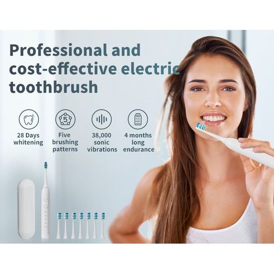 Sonický elektrický zubní kartáček se sadou 8 hlavic, 45 000 vibrací/min, 5 režimů, černý