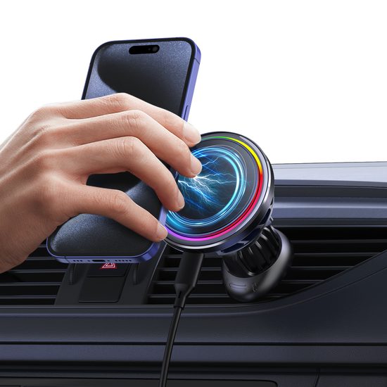 Kühlender MagSafe Qi2 Halter mit kabellosem Laden für Autolüftung, mit RGB wählbarer Beleuchtung, 15W, rund, schwarz