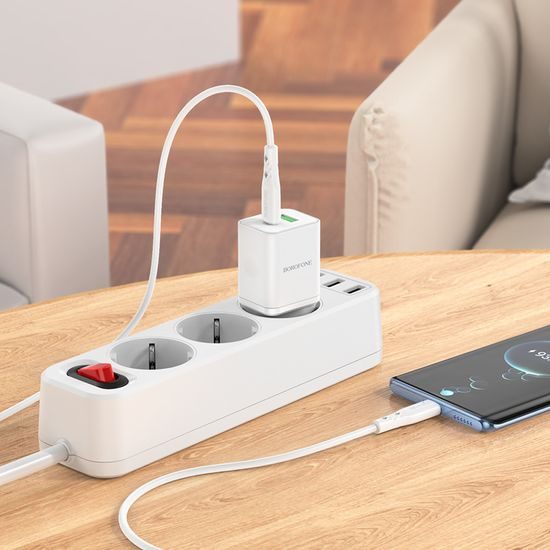 Încărcător Borofone BN7, USB + USB-C, QC 3.0, PD 20W, alb