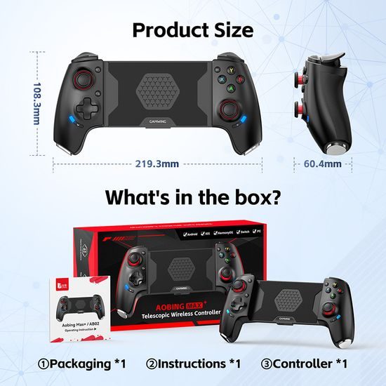 AB02 Ασύρματο τηλεσκοπικό gamepad με Hall joysticks, λειτουργία Turbo και προγραμματιζόμενα κουμπιά, μαύρο