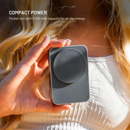 FIXED MagZen 5 Stand powerbank MagSafe támogatással, Apple Watch töltéssel és állvánnyal, 5 000 mAh, szürke