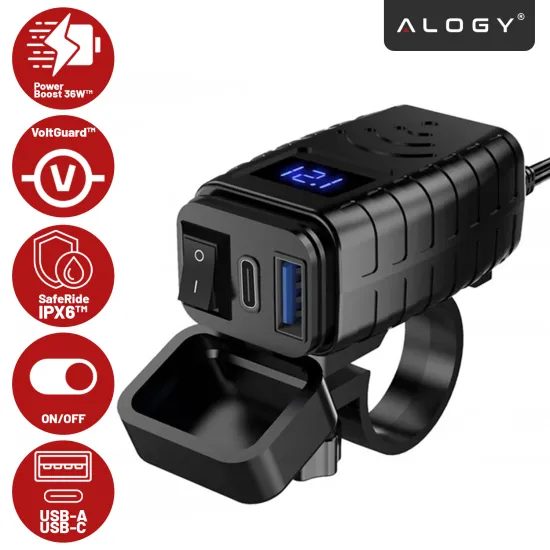 Alogy MotoCharge Pro™ 36W Motorrad Ladegerät mit Display - USB-A + USB-C - 36W PD + QC 3.0 - Schwarz