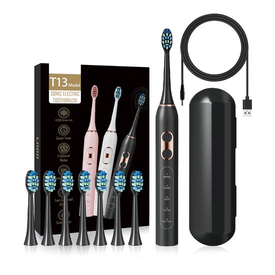 Soniczny elektryczny szczoteczka do zębów z zestawem 8 główek, 42 000 wibracji/min, 5 trybów, czarna