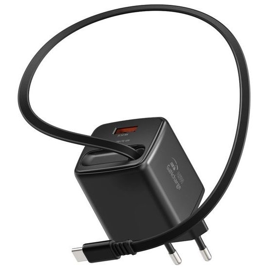 Swissten SlideCharge adapter s izvlačivim USB-C kabelom GaN 45W, 1x USB-A 18W, crni