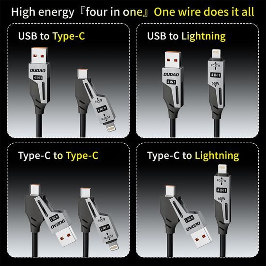 Dudao L20 Pro kabel 4v1 USB-A / USB-C - Lightning / USB-C, črn