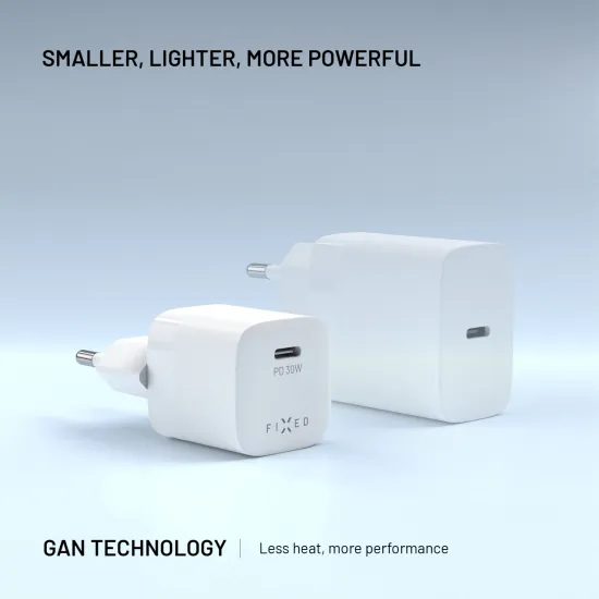 FIXED Mini GaN hálózati töltő, USB-C, PD 30W, fehér
