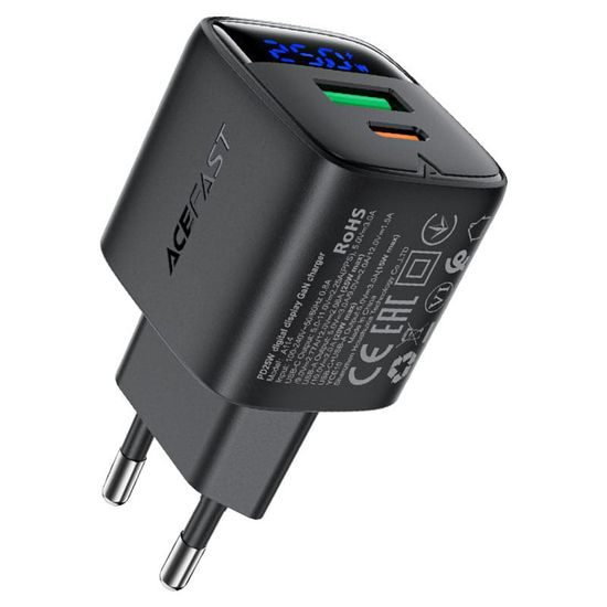 Acefast Oplader met Display (A114) - GaN - USB & USB-C - PD 25W - 5V/3A - Zwart