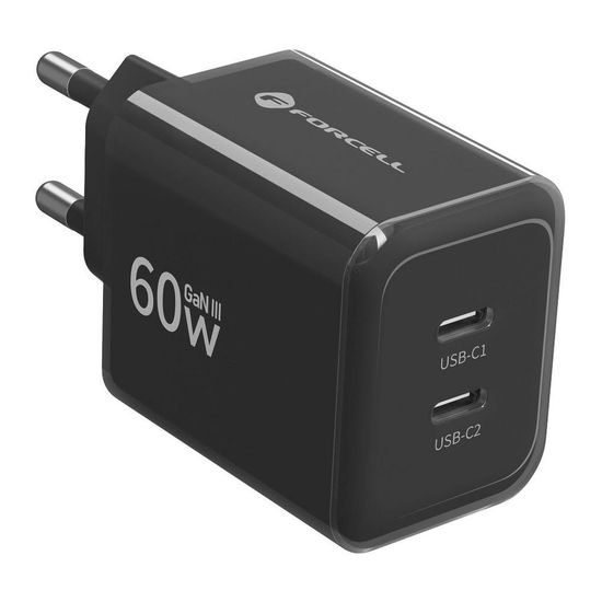 Forcell F-Energy GaN III Ladegerät - 2x USB-C 60W - mit USB-C auf USB-C Kabel - Schwarz