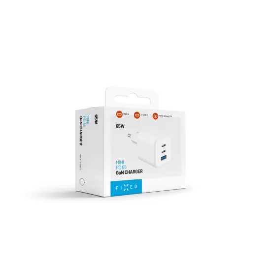 FIXED Mini GaN hálózati töltő, 2x USB-C + USB, PD 65W, fehér