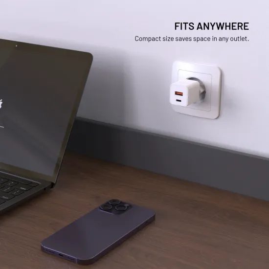 Hálózati töltő FIXED Mini GaN, USB-C + USB, PD 30W, fehér