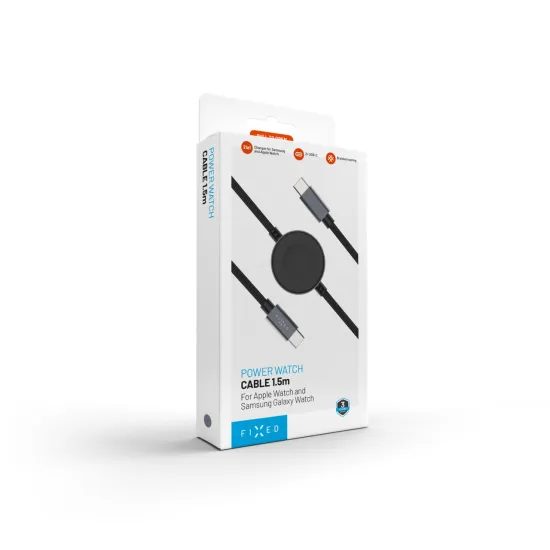Fonott kábel FIXED Power Watch Cable USB-C - USB-C töltővel Apple / Samsung Watch-hoz, PD 60W, 1,5 m, szürke