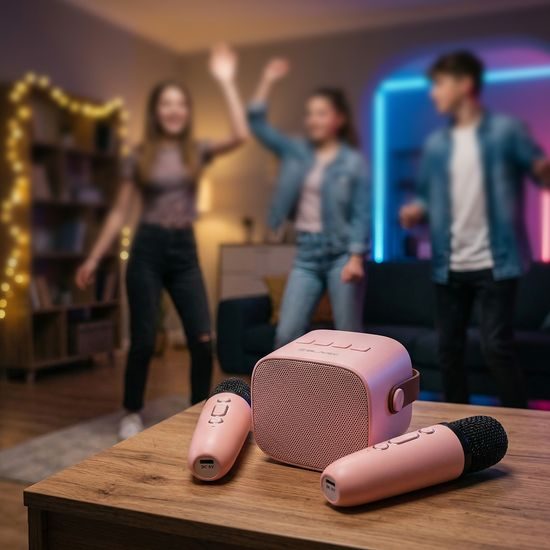 Blavec WS-07 Přenosný karaoke set se 2 mikrofony, 5 W, růžový