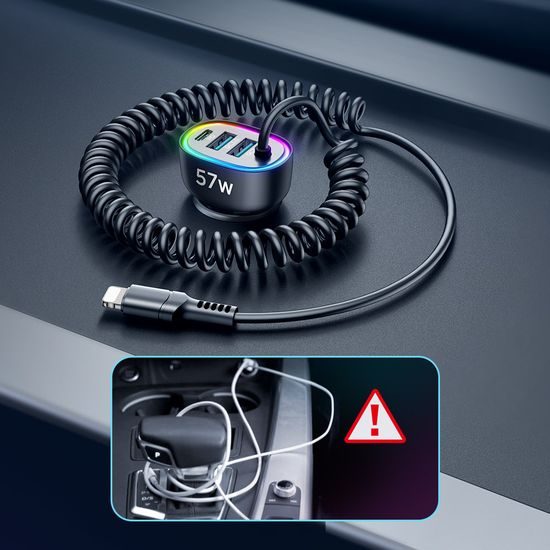 Joyroom 4v1 rychlá nabíječka do auta PD, QC3.0, AFC, FCP s kabelem Lightning, 1,6 m, 57 W, černá (JR-CL20)