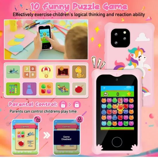 Chytrý telefón pre deti s hrami, MP3, duálnym fotoaparátom a dotykovým displejom, ružový