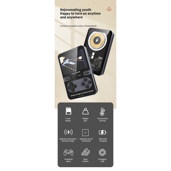 2σε1 Ρετρό κονσόλα παιχνιδιών με MagSafe powerbank, 5000 mAh, 15W ασύρματη φόρτιση, μπλε