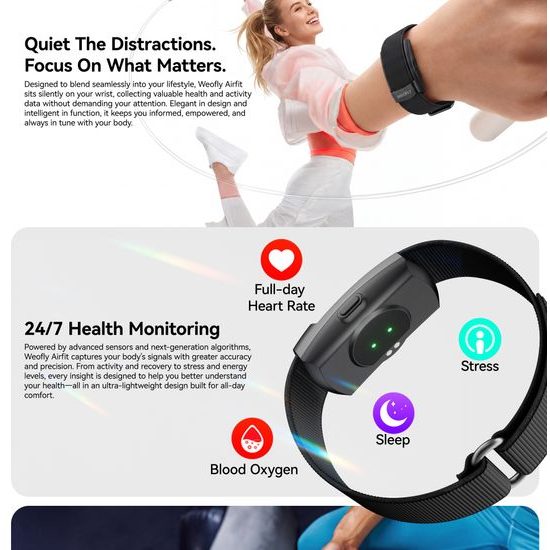 Weofly Airfit Smart Fitness Tracker ohne Display - Aktivitätstracker mit Herzfrequenzmessung und Schlafüberwachung - Schwarz