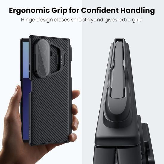 Samsung Galaxy Z Fold 7 aizsargvāciņš – Nillkin CamShield Prop ar izvelkamu kameras aizsargu un S Pen atbalstu – melns