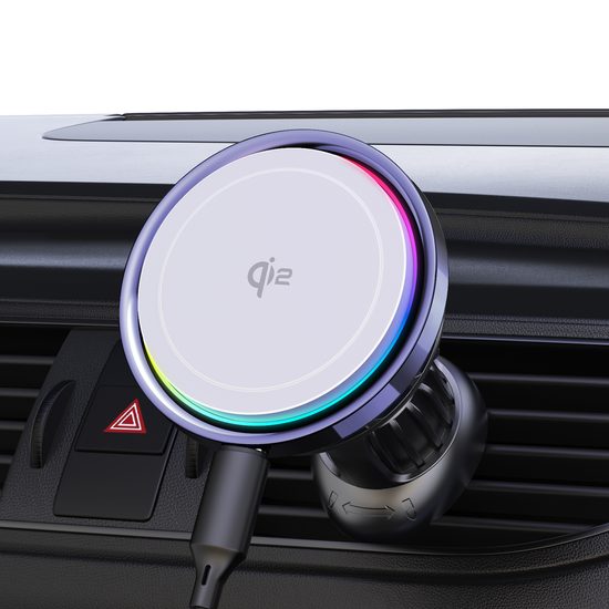 Ψύκτρα MagSafe Qi2 ασύρματης φόρτισης για αεραγωγούς αυτοκινήτου, με προαιρετικό RGB φωτισμό, 15W, κυκλική, λευκή