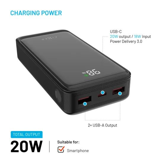 FIXED Zen2 20 powerbank LCD kijelzővel, 20 000 mAh, PD 20W, fekete