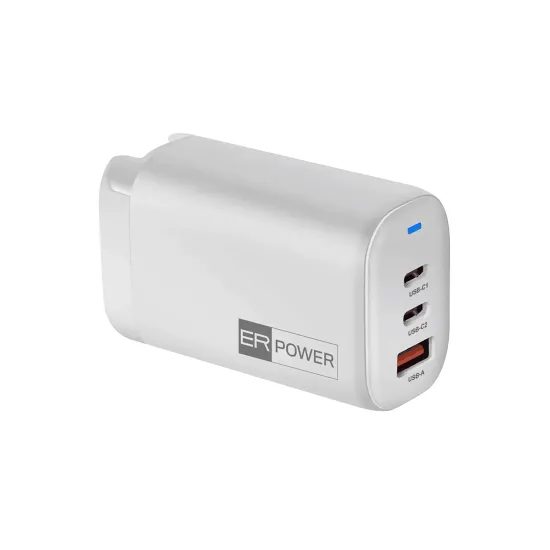 ER POWER Ταξιδιωτικός Φορτιστής 2× USB-C + USB-A, 65W, GaN PD, λευκός