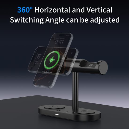 Stația de încărcare Qi2.2 MagSafe 5în1 cu răcire activă, 25W și rotație 360° pentru iPhone, Apple Watch, AirPods, Android, gri