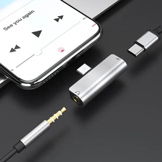 Hoco 2in1 audió adapter USB-C 3,5 mm-es csatlakozóra + USB-C, ezüst (LS26)
