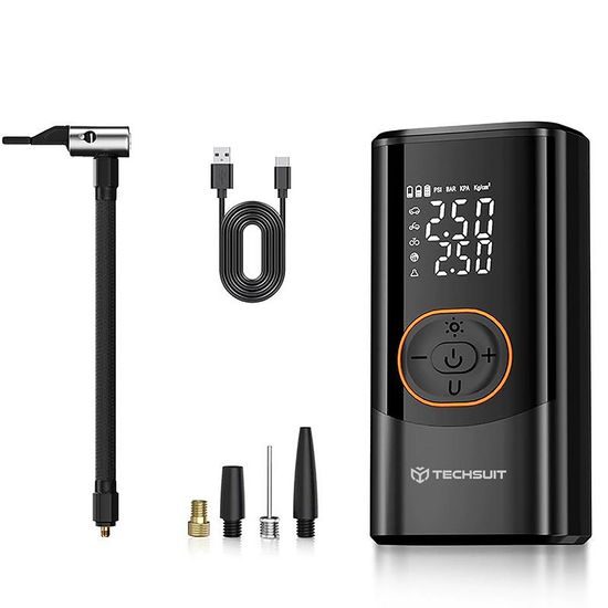 Techsuit (AI2) Kabelloser Kompressor AirXpert Pro mit LED-Taschenlampe und LED-Display, 1500 mAh - Schwarz