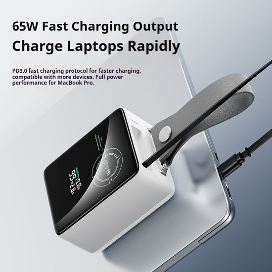 Powerbank για laptops 65W PD με συρόμενο καλώδιο USB-C και ψηφιακή οθόνη, 20000 mAh, μπλε