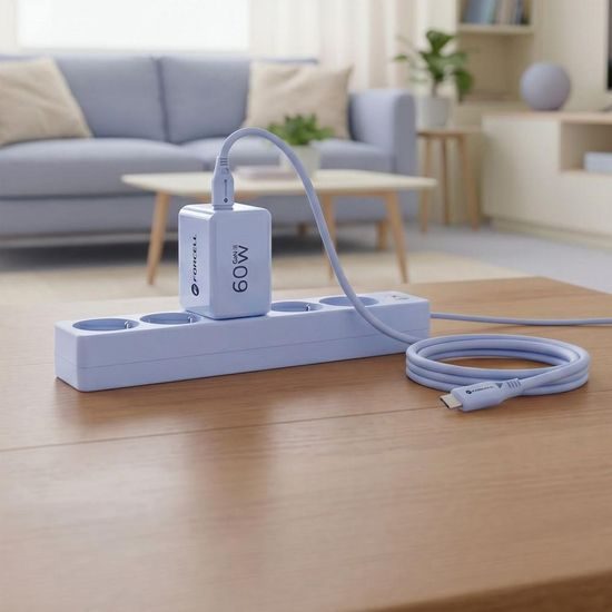 Forcell F-Energy GaN III Ladegerät mit 2x USB-C 60 W + USB-C auf USB-C Kabel - Blau