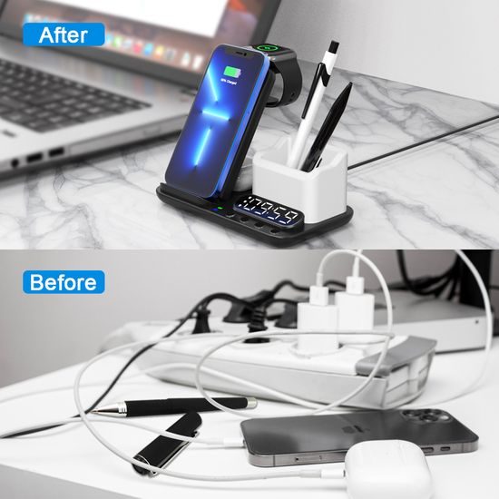 DeskCharge Station Pro Πολυλειτουργικός σταθμός ασύρματης φόρτισης 5 σε 1 με ρολόι και οργανωτή, μαύρο