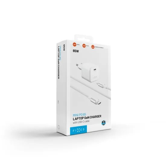 FIXED Mini GaN hálózati töltő, USB-C, PD 65W USB-C - USB-C kábellel, 2 m, fehér