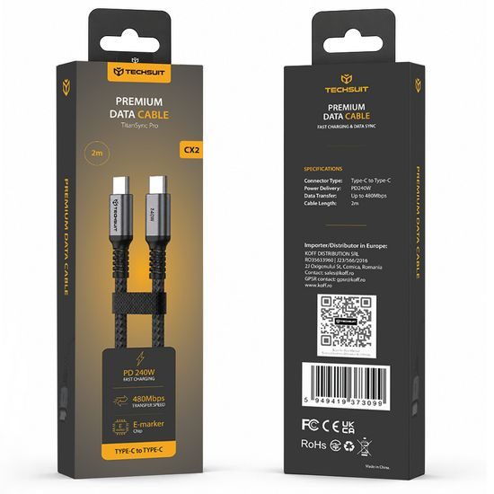 Techsuit TitanSync Pro (CX2) USB-C uz USB-C datu kabelis PD 240 W 2 m – pelēks