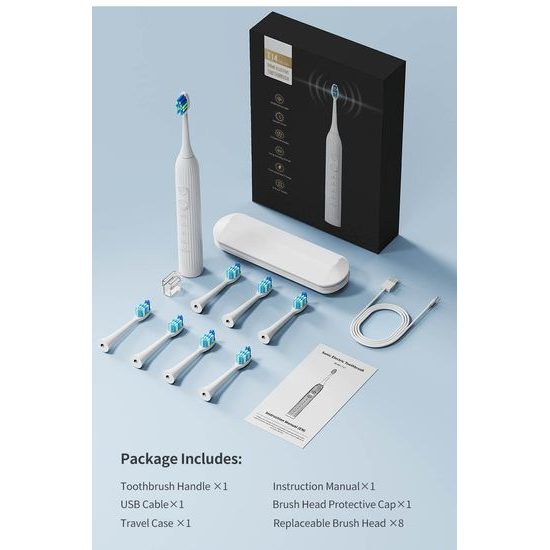 Sonický elektrický zubní kartáček se sadou 8 hlavic, 45 000 vibrací/min, 5 režimů, černý