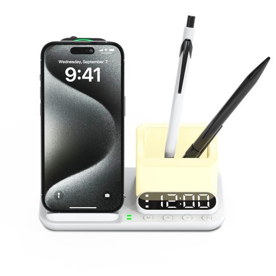 DeskCharge Station Pro Πολυλειτουργικός σταθμός ασύρματης φόρτισης 5 σε 1 με ρολόι και οργανωτή, λευκό