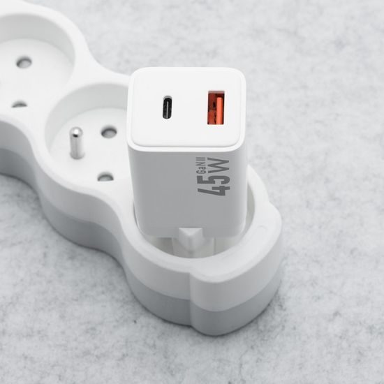 Forcell F-Energy προσαρμογέας Mini GaN III, USB-C + USB-A, PD, QC4.0, 45W, λευκός