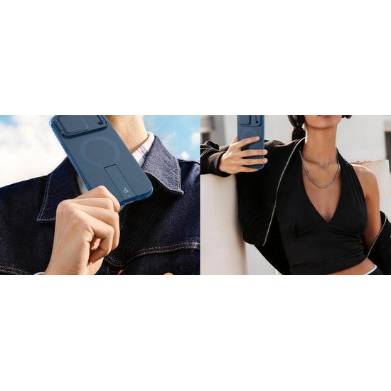 Husă Suritch AirBounce Bumper MagSafe cu Suport și Protecție Cameră, iPhone 17 Pro Max / 18 Pro Max, albastru deschis