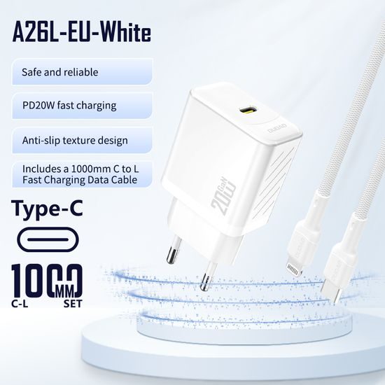 Dudao A26LEU polnilnik USB-C + kabel USB-C - Lightning, PD 20W GaN, bel