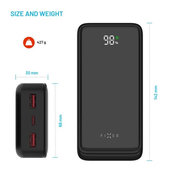 FIXED Zen2 20 powerbank LCD kijelzővel, 20 000 mAh, PD 20W, fekete