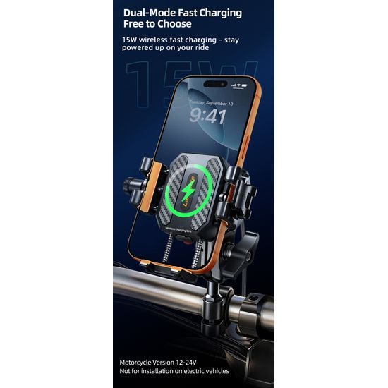 LanParte LPT01-E Suport telefon pentru motocicletă cu încărcare wireless și amortizare vibrații