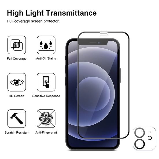 JP Πλήρες Πακέτο Προστατευτικών Γυαλιών, 2x 3D γυαλί με εφαρμογέα + 2x γυαλί για φακό, iPhone 12