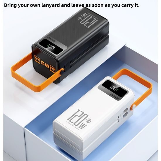 Powerbank 80.000 mAh, 120W PD + QC, 4 USB + 2 Kabel, LED-Licht, weiß