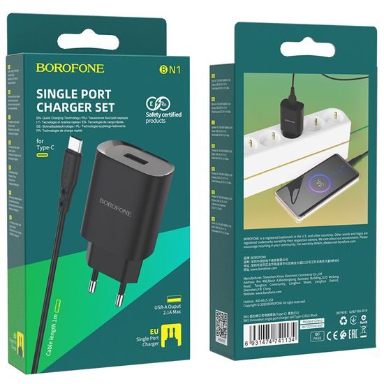 Borofone BN1 Innovatív töltő - USB - USB C, 2,1A, fekete
