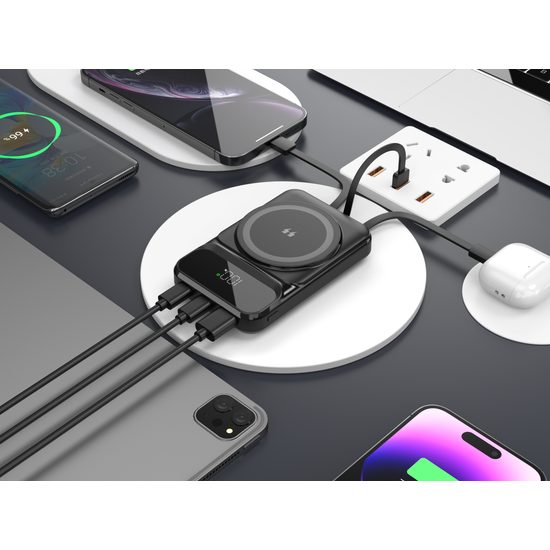 MagSafe 15W ασύρματη PowerBank, 10.000 mAh με 3 ενσωματωμένα καλώδια, μέγεθος S, μαύρη