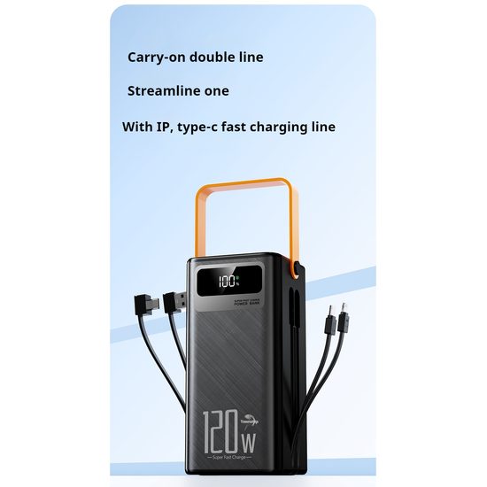 Powerbank 80.000 mAh, 120W PD + QC, 4 USB + 2 Kabel, LED-Licht, weiß
