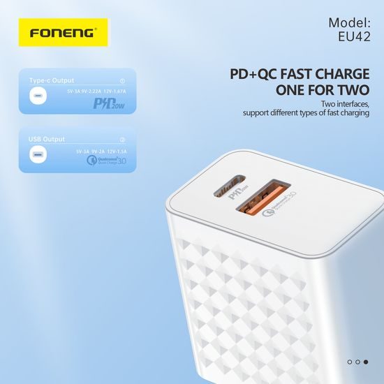 Foneng EU42 Mrežni punjač GaN, USB + USB-C, PD 20W, 3A, bijeli