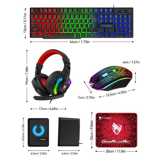 T-WOLF TF880 RGB Gaming Set 5in1 (Tastatur, Maus, Headset, Mauspad + Lautsprecher)